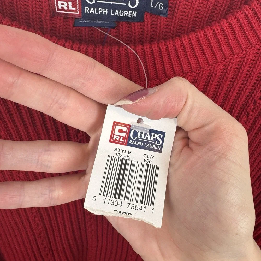 NWT VTG Deadstock Chaps Ralph Lauren Red Holiday Knit‎ Sweater 100% Cotton Sz L